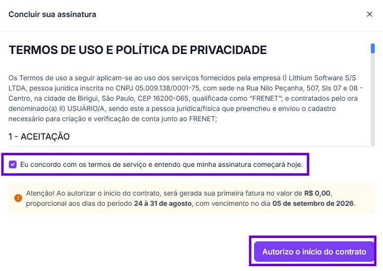 Saiba como ativar o pagamento recorrente do seu plano Frenet 3 autorizo o inicio do contrato