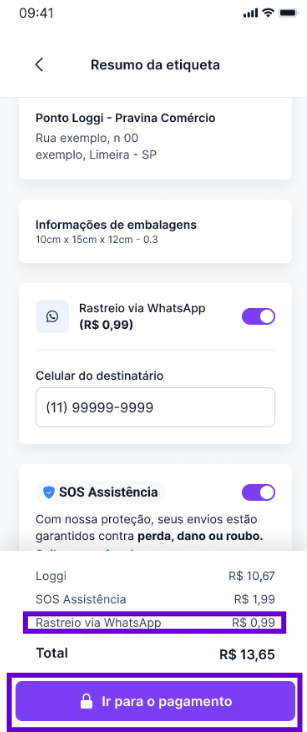 Saiba como ativar o Rastreio via WhatsApp no aplicativo da Frenet 3 ir para o pagamento