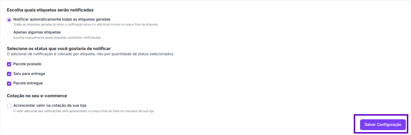 Saiba como configurar as notificações de rastreio por WhatsApp para os envios com contrato Frenet 4 salvar configuracao