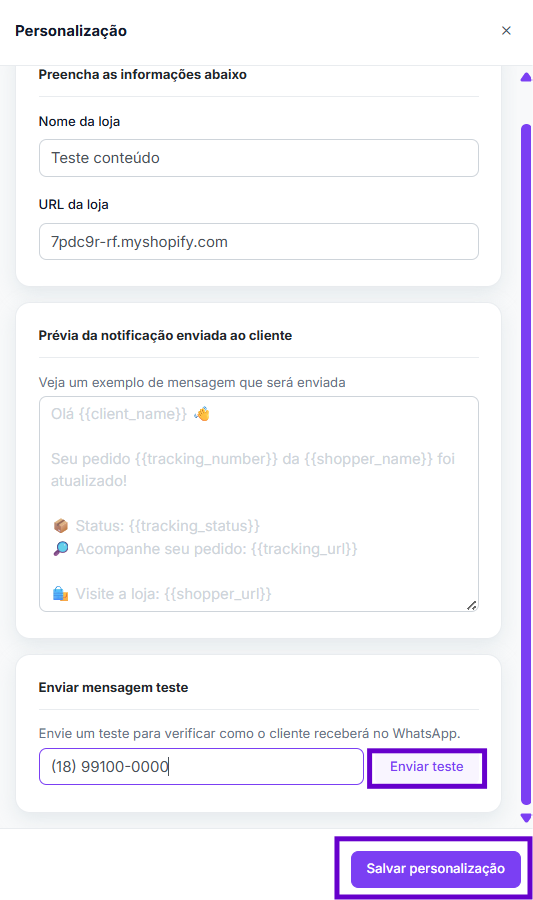 Saiba como configurar as notificações de rastreio por WhatsApp para os envios com contrato Frenet 3 salvar personalizacao